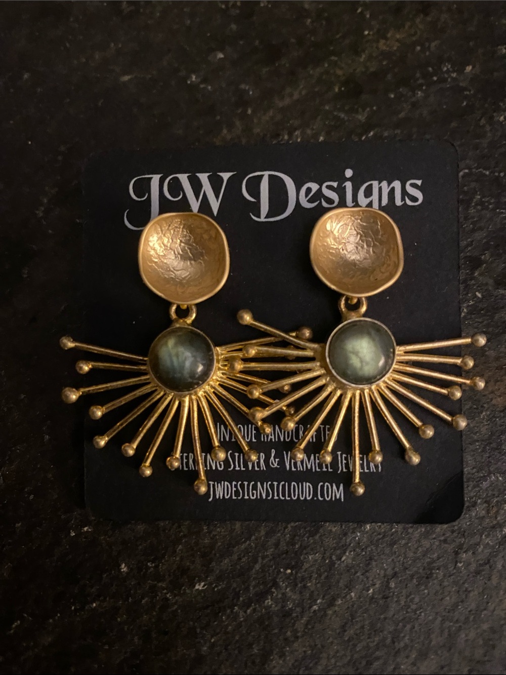 JW Designs Gold-Tone Sunburst Earrings with Greenish-Gray labradorite Stones
